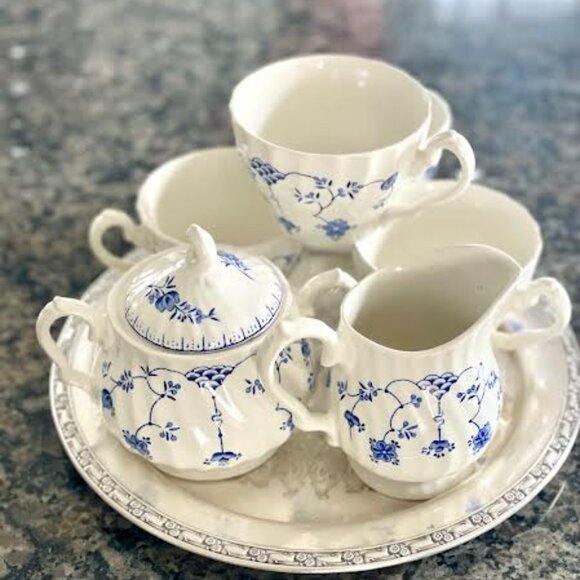 Myott Finlandia Blue and White Tea Set- 4 Tea Cups, Sugar Bowl & Creamer - Picture 1 of 15